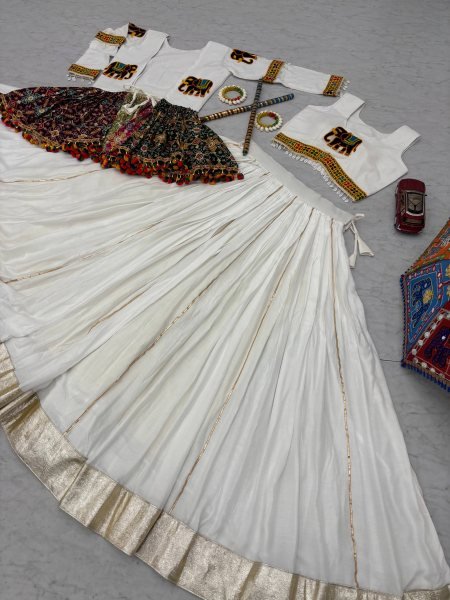 White Cotton Gamthi Work Navratri Lehenga with Koti and Kodi Lace Full Flare for Garba Nights Navratri Lehnega Choli
