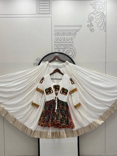 White Cotton Gamthi Work Navratri Lehenga with Koti and Kodi Lace Full Flare for Garba Nights Navratri Lehnega Choli