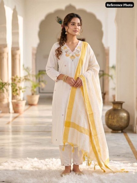 White Pure Khadi Cotton Kurti Pant Set with Embroidered Dupatta and Cotton Inner Kurtis