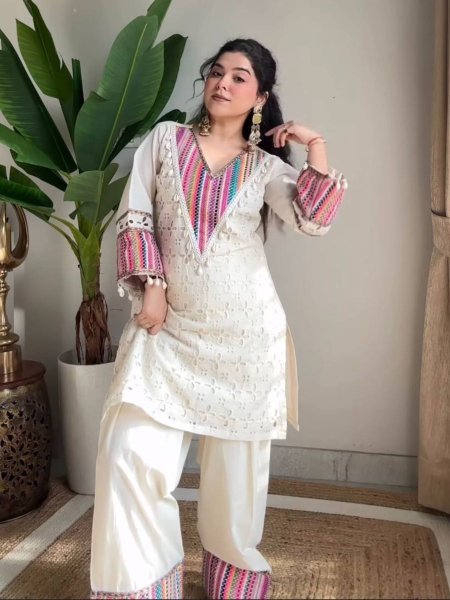 White Pure Khadi Cotton Thread Work Co ord Set Elegant Festive Wear at Manufacturer Rate Kurtis
