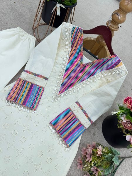 White Pure Khadi Cotton Thread Work Co ord Set Elegant Festive Wear at Manufacturer Rate CO ORD Sets