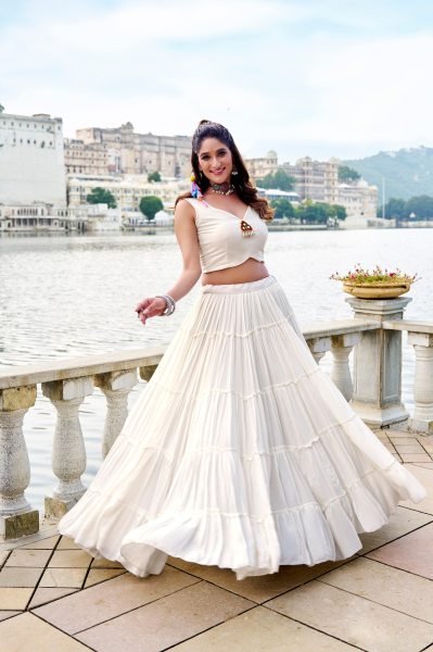White Rayon Mirror Gamthi Lehenga Choli with Jacket Garba Night Wear Navratri Lehnega Choli