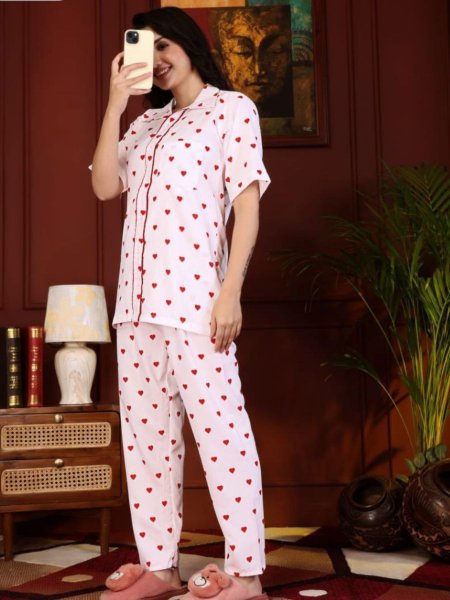 White Rayon Printed Nightwear Cord Set Stylish Top and Pant for Daily Look Kurtis