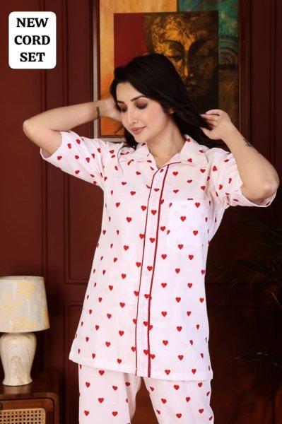 White Rayon Printed Nightwear Cord Set Stylish Top and Pant for Daily Look Night Suit Wholesale