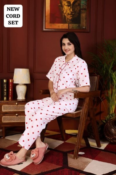 White Rayon Printed Nightwear Cord Set Stylish Top and Pant for Daily Look Night Suit Wholesale