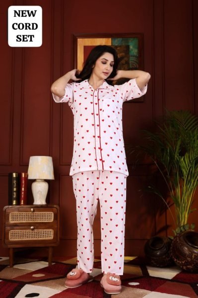 White Rayon Printed Nightwear Cord Set Stylish Top and Pant for Daily Look Night Suit Wholesale