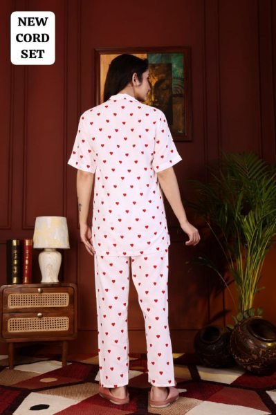 White Rayon Printed Nightwear Cord Set Stylish Top and Pant for Daily Look Night Suit Wholesale