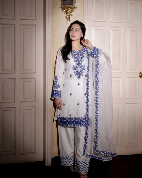 White Ready To Wear Embroidery Thread Work Farshi Plazzo With Four Side Lace Border Dupatta