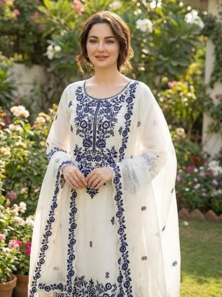 White Ready To Wear Embroidery Thread Work Farshi Plazzo With Four Side Lace Border Dupatta Ready To Wear Collection