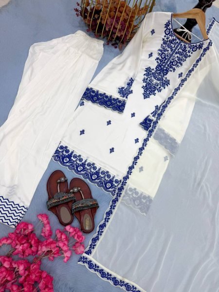 White Ready To Wear Embroidery Thread Work Farshi Plazzo With Four Side Lace Border Dupatta Ready To Wear Collection