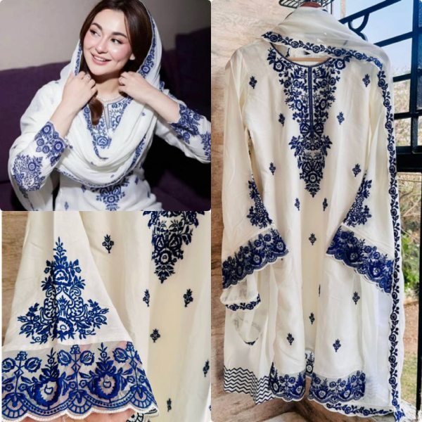 White Ready To Wear Embroidery Thread Work Farshi Plazzo With Four Side Lace Border Dupatta Ready To Wear Collection