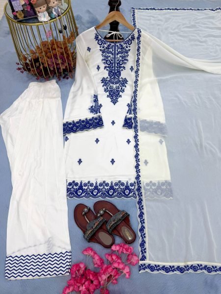 White Ready To Wear Embroidery Thread Work Farshi Plazzo With Four Side Lace Border Dupatta Ready To Wear Collection