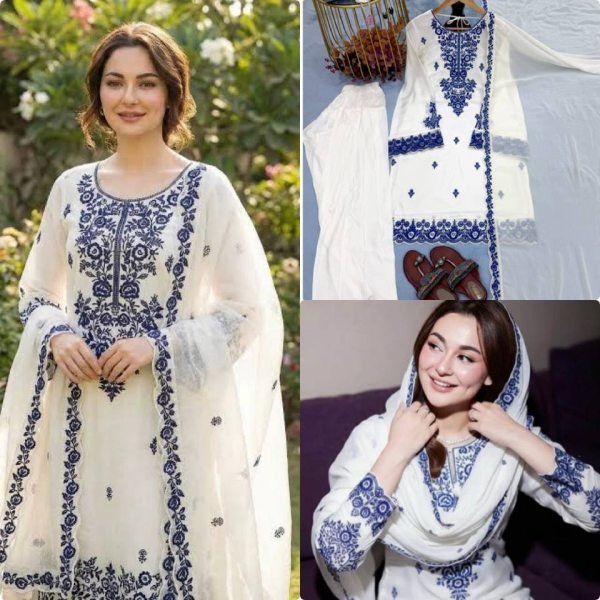 White Ready To Wear Embroidery Thread Work Farshi Plazzo With Four Side Lace Border Dupatta Ready To Wear Collection