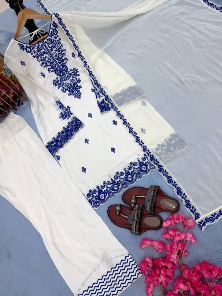 White Ready To Wear Embroidery Thread Work Farshi Plazzo With Four Side Lace Border Dupatta Ready To Wear Collection