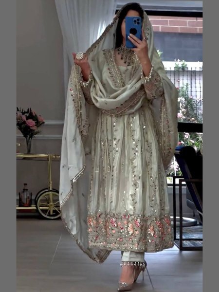 White Ready To Wear Sheesha Silk Embroidered Gown Set with Dupatta and Bottom Ready To Wear Suit