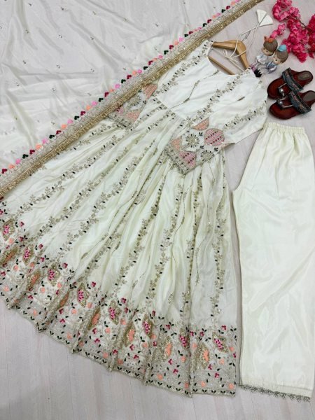 White Ready To Wear Sheesha Silk Embroidered Gown Set with Dupatta and Bottom Ready To Wear Collection