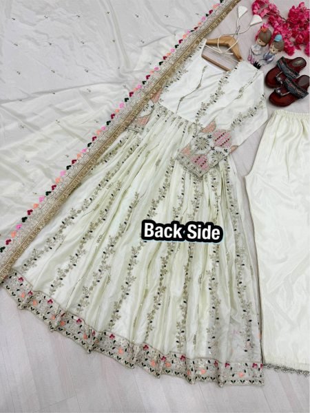 White Ready To Wear Sheesha Silk Embroidered Gown Set with Dupatta and Bottom Ready To Wear Collection