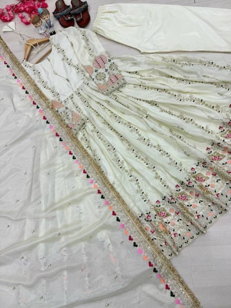 White Ready To Wear Sheesha Silk Embroidered Gown Set with Dupatta and Bottom Ready To Wear Collection