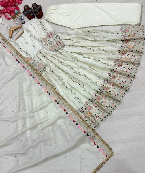 White Ready To Wear Sheesha Silk Embroidered Gown Set with Dupatta and Bottom Ready To Wear Collection