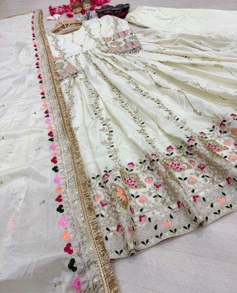 White Ready To Wear Sheesha Silk Embroidered Gown Set with Dupatta and Bottom Ready To Wear Collection