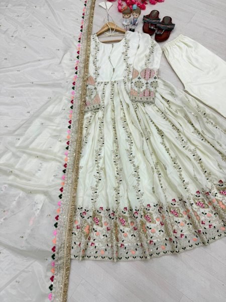White Ready To Wear Sheesha Silk Embroidered Gown Set with Dupatta and Bottom Ready To Wear Collection