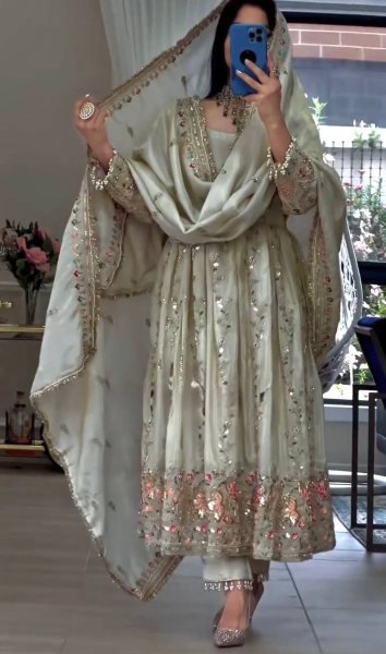 White Ready To Wear Sheesha Silk Embroidered Gown Set with Dupatta and Bottom Ready To Wear Collection