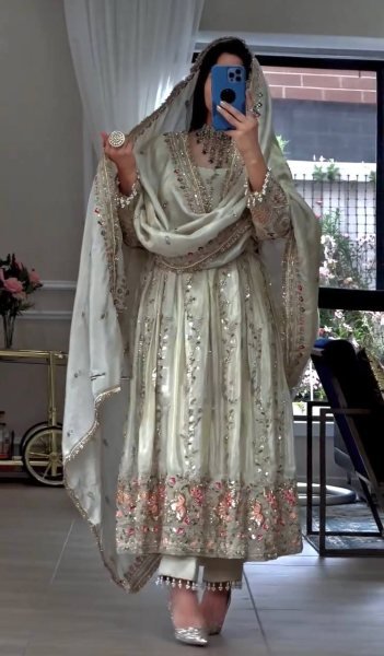 White Ready To Wear Sheesha Silk Embroidered Gown Set with Dupatta and Bottom Ready To Wear Collection