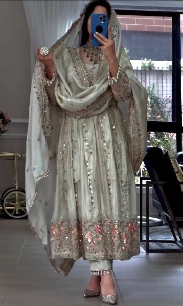 White Ready To Wear Sheesha Silk Embroidered Gown Set with Dupatta and Bottom Ready To Wear Collection