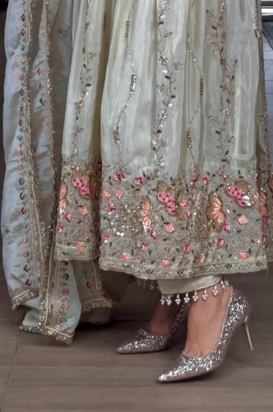 White Ready To Wear Sheesha Silk Embroidered Gown Set with Dupatta and Bottom Ready To Wear Collection