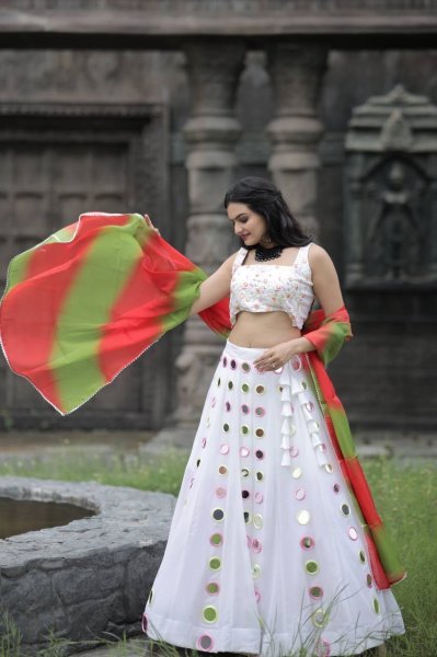 White Real Mirror Work Georgette Lehenga Choli Navratri Lehnega Choli