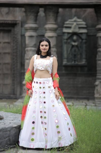 White Real Mirror Work Georgette Lehenga Choli Navratri Lehnega Choli