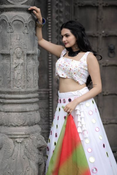 White Real Mirror Work Georgette Lehenga Choli Navratri Lehnega Choli