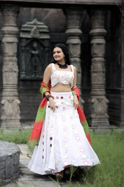 White Real Mirror Work Georgette Lehenga Choli Navratri Lehnega Choli