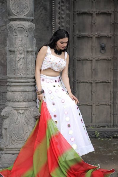 White Real Mirror Work Georgette Lehenga Choli Navratri Lehnega Choli