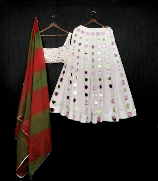 White Real Mirror Work Georgette Lehenga Choli Navratri Lehnega Choli