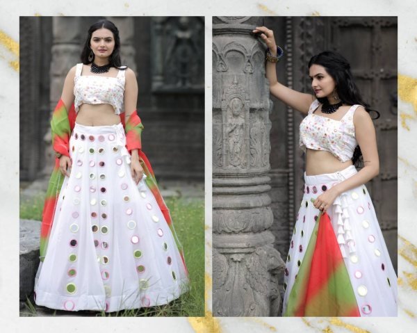 White Real Mirror Work Georgette Lehenga Choli Navratri Lehnega Choli