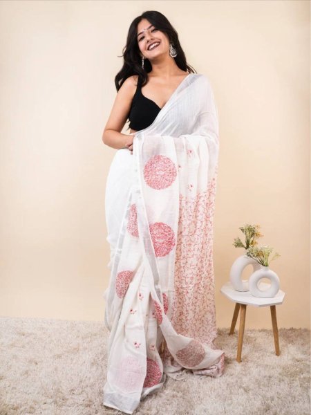 White Red Linen Cotton Digital Printed Saree with Silver Weaving at Wholesale Rate Sarees 