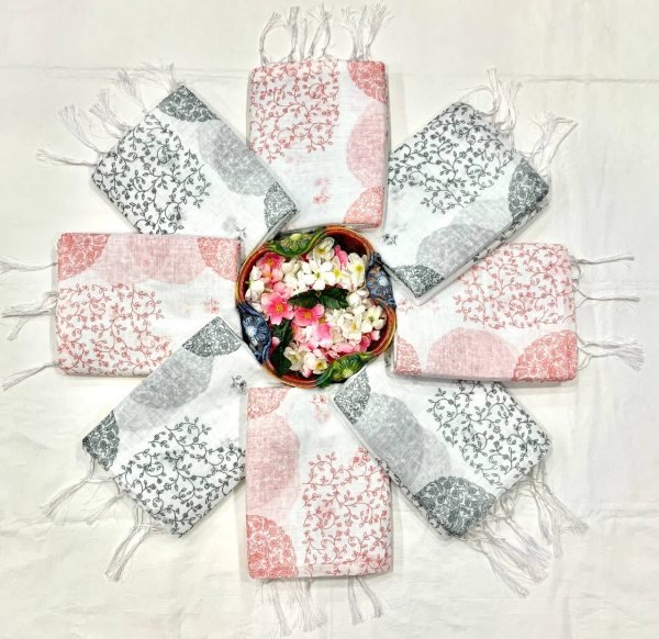 White Red Linen Cotton Digital Printed Saree with Silver Weaving at Wholesale Rate Printed Cotton Sarees Wholesale