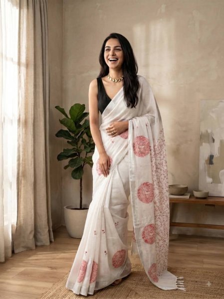 White Red Linen Cotton Digital Printed Saree with Silver Weaving at Wholesale Rate Printed Cotton Sarees Wholesale