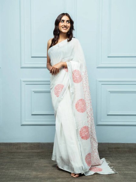 White Red Linen Cotton Digital Printed Saree with Silver Weaving at Wholesale Rate Printed Cotton Sarees Wholesale