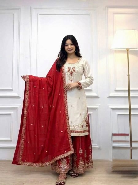 White Red Pure Chinon Silk Embroidered Top Palazzo Dupatta Set for Festival 