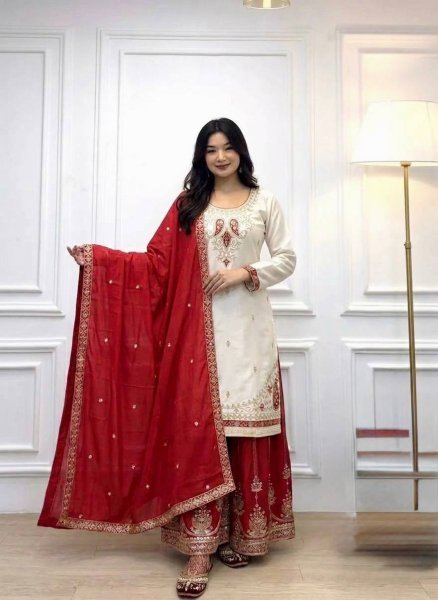 White Red Pure Chinon Silk Embroidered Top Palazzo Dupatta Set for Festival Ready To Wear Collection