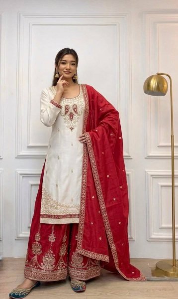 White Red Pure Chinon Silk Embroidered Top Palazzo Dupatta Set for Festival Ready To Wear Collection