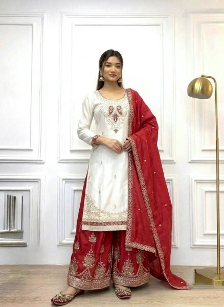 White Red Pure Chinon Silk Embroidered Top Palazzo Dupatta Set for Festival Ready To Wear Collection
