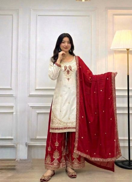 White Red Pure Chinon Silk Embroidered Top Palazzo Dupatta Set for Festival Ready To Wear Collection