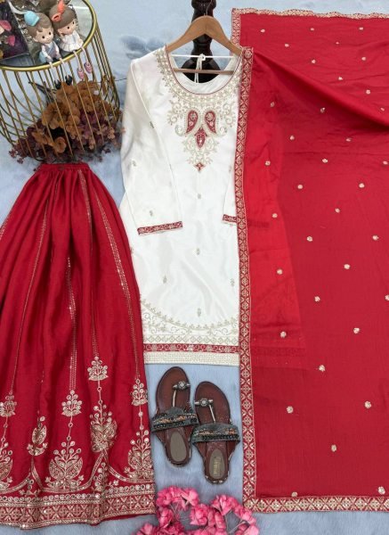 White Red Pure Chinon Silk Embroidered Top Palazzo Dupatta Set for Festival Ready To Wear Collection