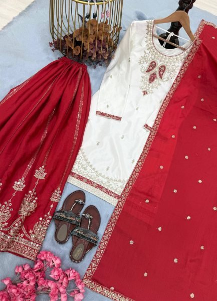 White Red Pure Chinon Silk Embroidered Top Palazzo Dupatta Set for Festival Ready To Wear Collection