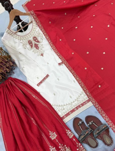 White Red Pure Chinon Silk Embroidered Top Palazzo Dupatta Set for Festival Ready To Wear Collection