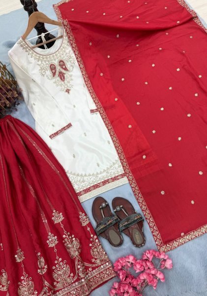 White Red Pure Chinon Silk Embroidered Top Palazzo Dupatta Set for Festival Ready To Wear Collection