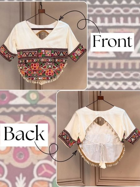 White Roman Fabric Kutchi Gamthi Embroidered Readymade Blouse For Navrati